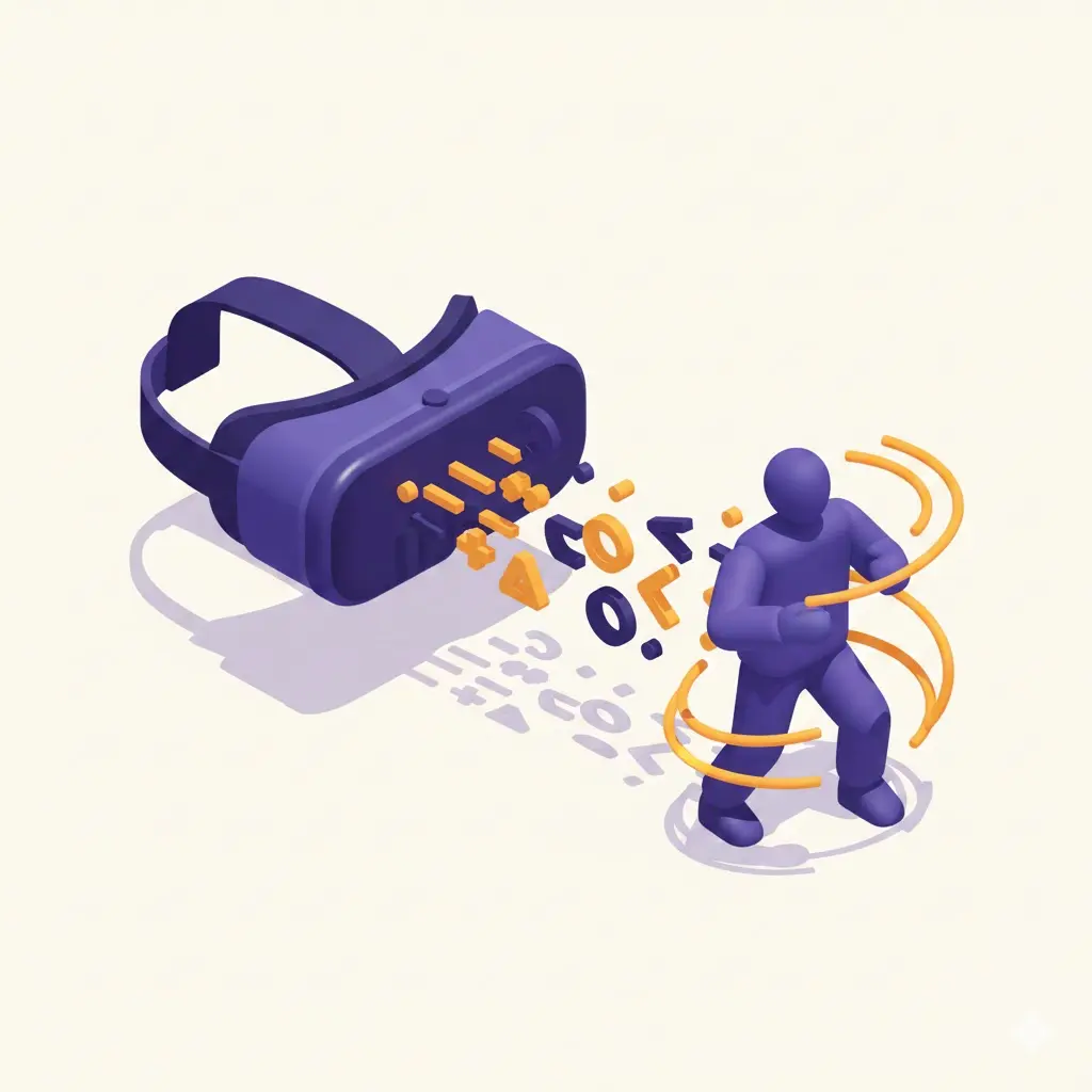 Person wearing VR headset interacting with animated character